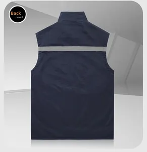 Rear view of navy blue outdoor vest featuring a gray high-visibility reflective safety strip