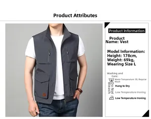 Dettagli del gilet multitasche grigio scuro da uomo con collo alto e tasche a cerniera