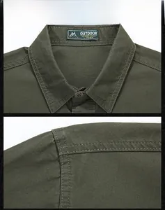 Detail of outdoor shirt featuring reinforced collar with brand label and durable buttons