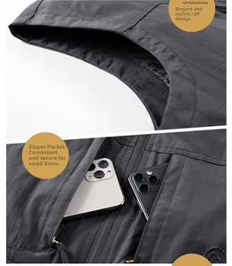 Detail view of cuffs and secure zipper pockets on a gray outdoor fishing vest jacket