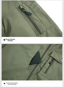 Detail of military green cargo jacket showing sleeve zipper pocket and metal hardware