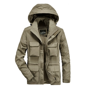 Men's outdoor hooded work jacket with multi-pocket design and classic embroidery