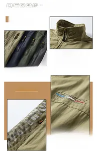 Detail of army green outdoor vest with standing collar, breathable mesh, and embroidery