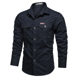 Chemise tactique en coton bleu marine à manches longues avec doubles poches de poitrine