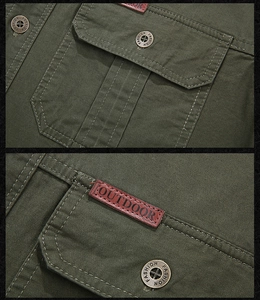 Detailed macro view of the chest pocket, brown leather tag, and metal buttons on army green shirt