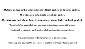 Detail diagram of tactical vest featuring 12 pockets, mesh lining and quick-dry fabric