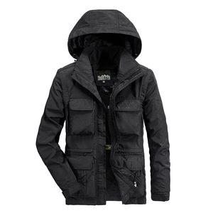 Men's black hooded outdoor utility jacket with windproof fabric and four cargo pockets