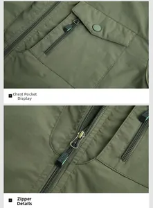 Detail of army green outdoor jacket featuring chest pockets and a functional metal zipper