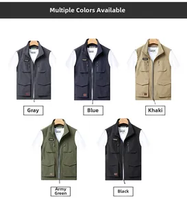 Multiple colors of multi-pocket fishing vests including grey, khaki, and army green