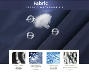 Detail of dark blue quick-dry fabric showing breathable and wrinkle-resistant features