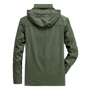 Men's outdoor hooded jacket in dark army green featuring windproof and breathable fabric