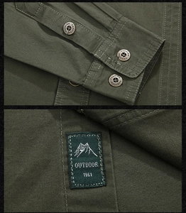 Detail of military green cargo shirt cuff with FASHION buttons and outdoor woven label