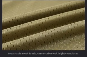 Close-up of khaki breathable mesh fabric detail for outdoor multi-pocket fishing vest