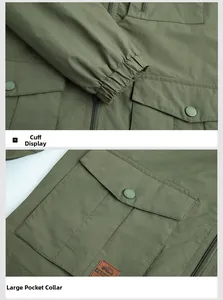Detail of army green outdoor jacket featuring elastic cuffs and buttoned large cargo pockets