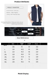 Size chart for outdoor fishing vest showing chest and length measurements from M to 5XL