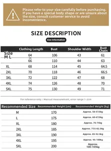 Detailed size chart for fishing vest showing measurements from M to 5XL with height and weight