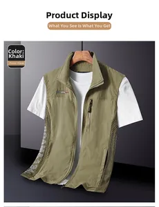 Detail of khaki outdoor vest showing breathable mesh side panels and zippered pocket