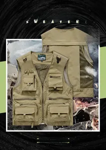 Detail view of khaki outdoor vest with multi-pockets, mesh vents and back storage design