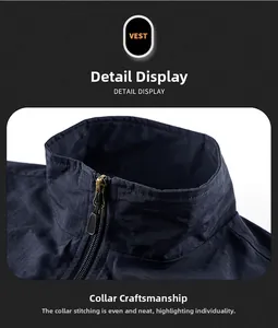 Detail of high collar stitching on dark blue quick-dry outdoor photography fishing vest