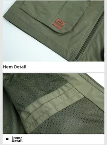 Detail of army green jacket showing mesh lining and durable zipper with pocket details