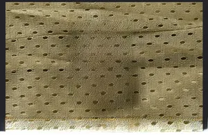 Detail view of khaki mesh vest fabric with care label showing material composition