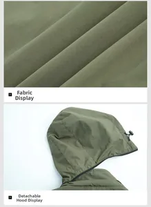 Macro detail of military green outdoor jacket fabric and detachable hood with drawstrings