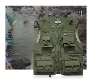 Close-up of the V-neckline and breathable mesh lining on the dark green utility fishing vest