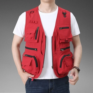 Men's red multi-pocket utility vest with a V-neck and zipper closures for fishing and photography