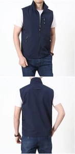 Detail view of quick-dry navy blue outdoor vest with multiple zippered pockets and stand collar