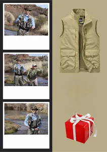 Detail of khaki outdoor fishing vest with multiple pockets and breathable mesh lining