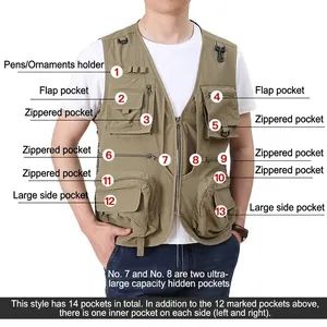 Men's khaki tactical vest with 14 functional pockets for fishing and photography