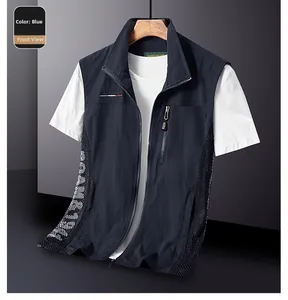 Detail of navy blue outdoor fishing vest with stand collar and zipped chest pocket