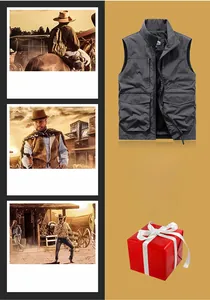 Detail of grey multi-pocket outdoor vest with stand collar and durable zipper closure
