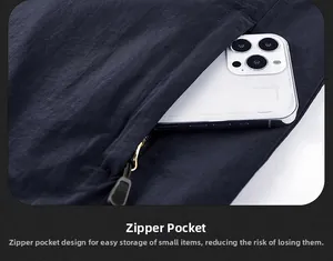 Detail of a hidden zipper pocket on a fishing vest storing a white smartphone