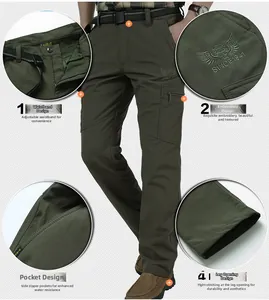 Detail of olive green tactical pants featuring elastic waist and waterproof side pockets