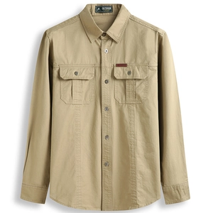 Men's khaki long-sleeve outdoor work shirt featuring dual chest pockets and a rugged design