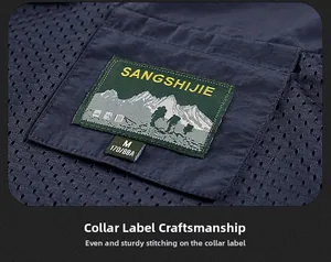 Close-up of neckline label and breathable mesh fabric on outdoor multi-pocket vest