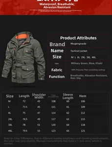 Size chart for men's outdoor jacket showing measurements for M-4XL in waterproof fabric