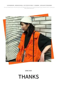 Detail of bright orange tactical vest with 11+ pockets and 3D cutting for outdoors