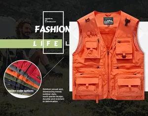 Detail view of orange fishing vest featuring multiple zip pockets and breathable mesh