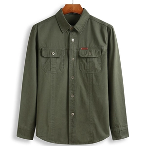 Men's plus size olive green military work shirt with long sleeves and dual chest pockets