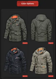 Detail view of hooded outdoor jackets in green, blue and khaki with windproof fabric