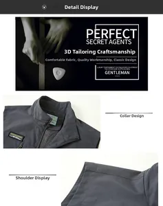 Detail of stand collar and zip front on grey outdoor quick-dry fishing vest for men