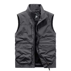 Men's Outdoor Utility Cargo Vest Multi-Pocket Fishing Photography Waistcoat Nylon Stand Collar Zipper Sleeveless Jacket