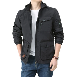 Men's black hooded windbreaker jacket with multiple cargo pockets and a relaxed outdoor fit