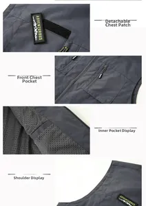 Detail of outdoor multi-pocket vest showing zip pockets and mesh lining for breathability