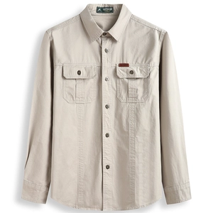 Men's khaki plus size outdoor work shirt with long sleeves and dual utility pockets