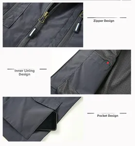 Detail of fishing vest featuring metal zipper, breathable mesh lining and large pockets
