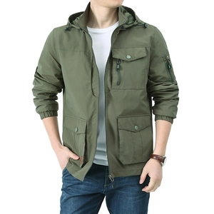 Men's outdoor hooded jacket in army green with multiple pockets and drawstring hood