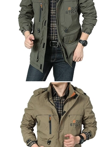Close-up of olive green tactical outdoor jacket with stand collar and zipper pocket